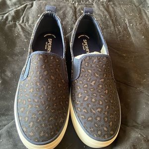 Sperry Leopard print slip ons
